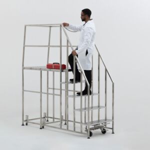Mobile Step Ladder, Ruggedized; Diamond Plated, 5 Steps, 304 or 316 Stainless Steel, 30" W x 78" D x 87" H, Safety Rail, BioSafe®, 300 lbs Capacity