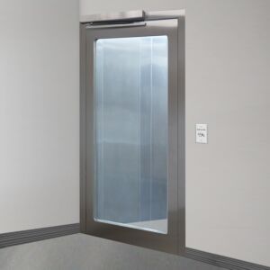 Door, Pre-Hung; Automatic Single Left Swing, 36" W x 81" H, 304 Stainless Steel Frame, Tempered Glass Window, Full View