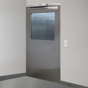 Door, Pre-Hung; Automatic Single Left Swing, 36" W x 81" H, 304 Stainless Steel Frame, Tempered Glass Window, Partial View