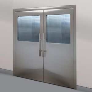 Door, Pre-Hung; Manual Double Swing, 72" W x 84" H, BioSafe®, CleanSeam™ 304 or 316 SS, Half Window