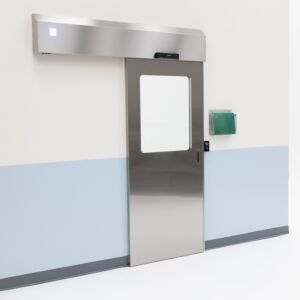 Door; Automatic Left Sliding, External Mount, 46" W x 80" H, 304 Stainless Steel Frame, Tempered Glass Window, Partial View
