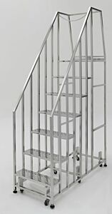 Mobile Step Ladder; Diamond Plated, Non-Continuous Welded, 7 Steps, 304 or 316 Stainless Steel, 26" W x 64" D x 101" H, Safety Rail, BioSafe®,   300