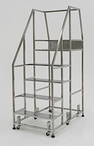 Mobile Step Ladder; Diamond Plated, Non-Continuous Welded, 5 Steps,  304 or 316 Stainless Steel, 30" W x 49" D x 81" H, Safety Rail, BioSafe®,   300