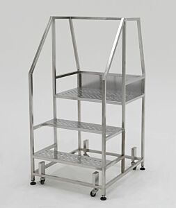 Mobile Step Ladder; Diamond Plated, Non-Continuous Welded, 3 Steps, 304 or 316 Stainless Steel, 30" W x 29" D x 61" H, Safety Rail, BioSafe®,   300 l