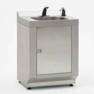 Single-sink modular cleanroom hand washing station in 304 stainless steel with hands-free faucet and automatic IR beam soap dispenser included | 9600-83B displayed
