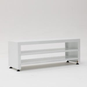 ISO 8 powder-coated steel gowning bench with integrated bootie rack | 1540-25 displayed