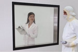 BioSafe® powder-coated flush-mount cleanroom window made of tempered glass.