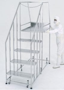 Five-step cleanroom stairs with work platform and safety rails.