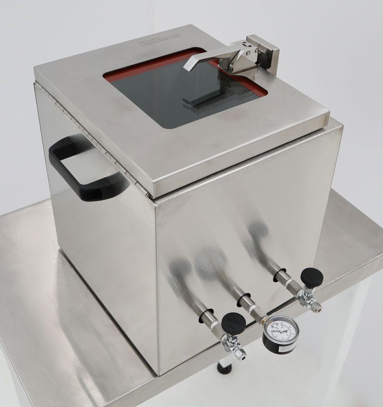 stainless steel vacuum chamber with tempered glass window, gauges and valves